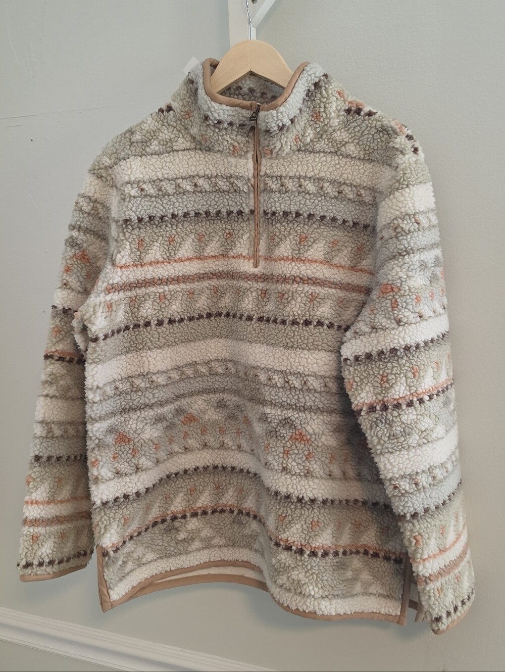 LL Bean Signature Sherpa Fleece Quarter Zip Fair Isle Pullover Sz Large